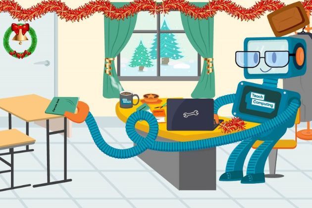 Teach computing robot sat in his festively decorated room working on his laptop.