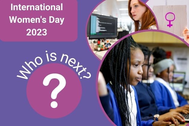 Graphic displaying "International Women's Day 2023" alongside photos of girls and women at computers